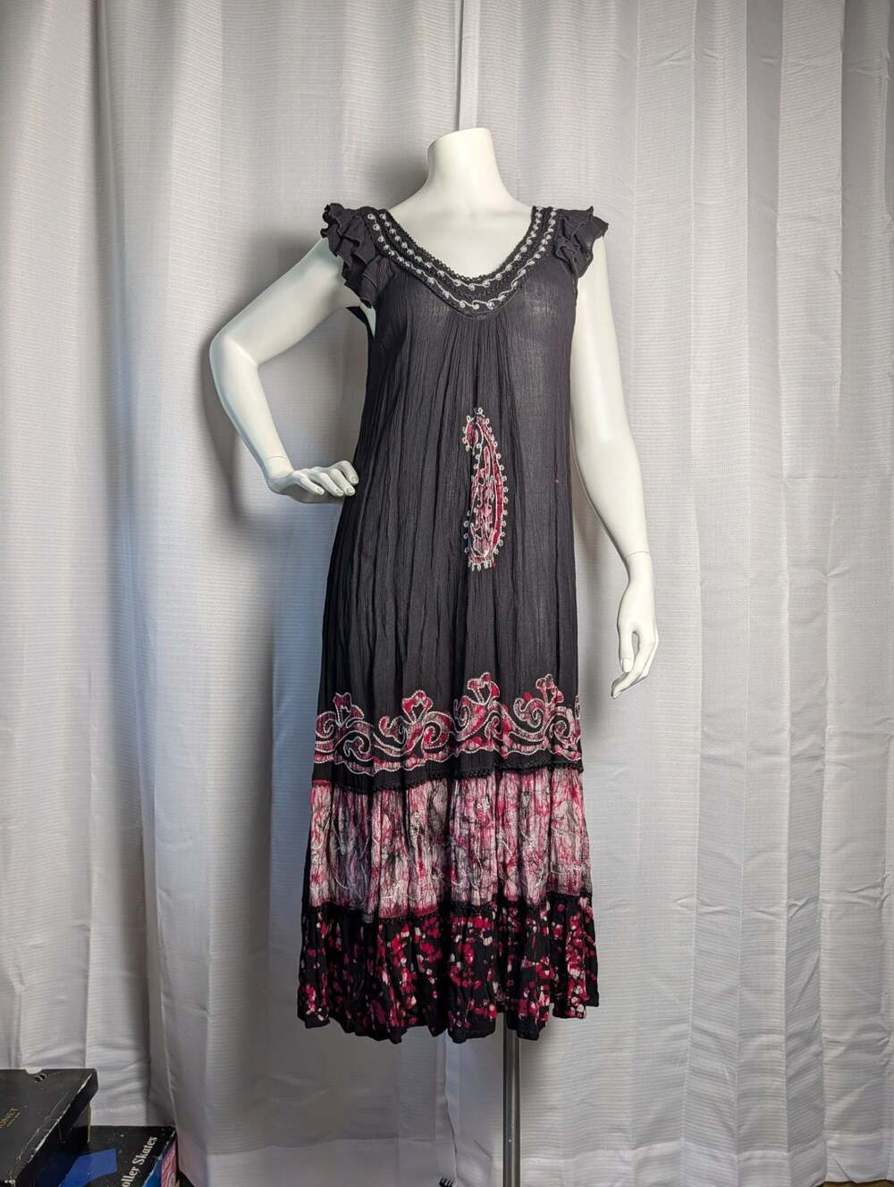 Fashion Force Black Boho Midi Dress with Embroidery and Batik Trim